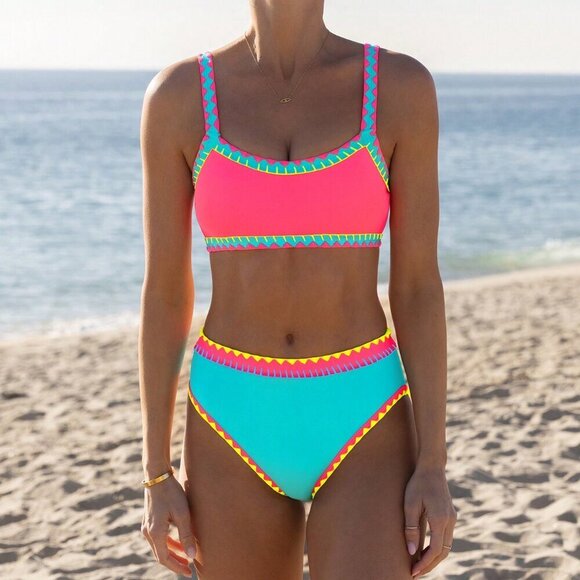 Multicolor Casual Women's Beach Shell Trim Bralette Color Block Bikini Set - Picture 4 of 4